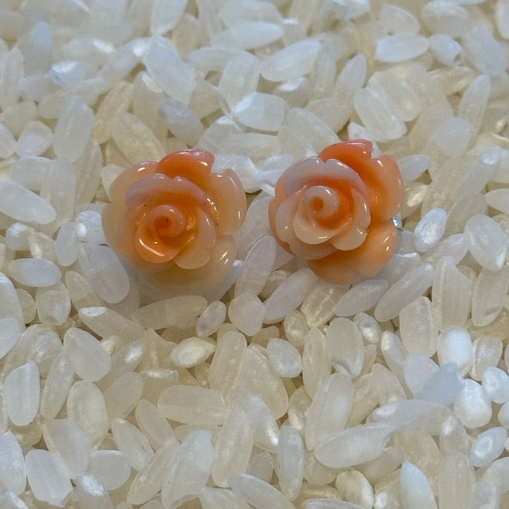 Elegant Rose Stud Earrings - Orange 925 Silver post and earring backs marked.